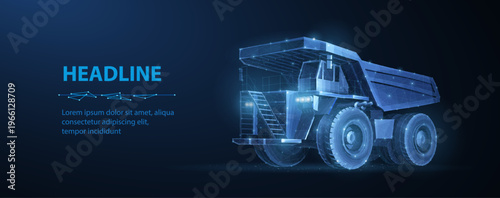 Futuristic autonomous mining truck on blue background. Smart transport, industrial vehicle, automation, logistics system, digital engineering, future mobility concept. Vector illustration
