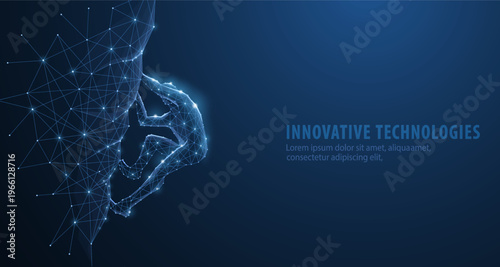 Wireframe robotic hand and face profile on blue background. AI innovation, digital network, machine vision, neural system, future technology, data connection concept. Vector illustration