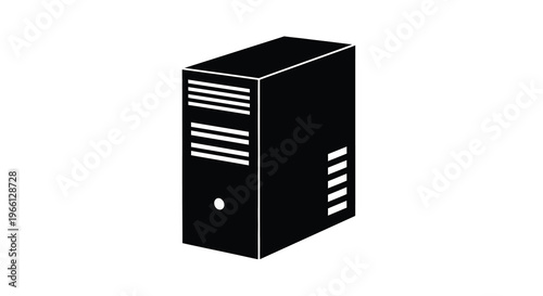 A stark black and white illustration depicts a computer tower showcasing its rectangular form and ventilation details high quality professional detailed