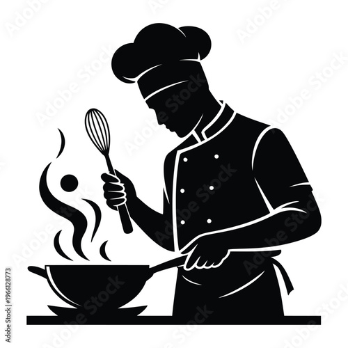 A skilled chef stirring a pot depicted in a striking black and white silhouette