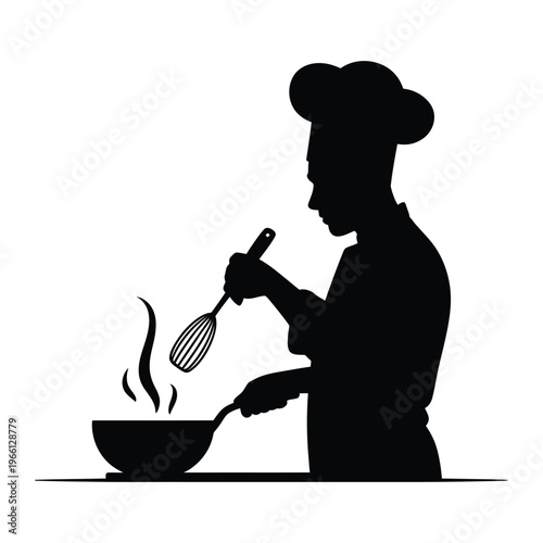 A skilled chef stirring a pot depicted in a striking black and white silhouette