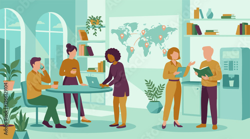 Modern office scene with diverse business people collaborating and networking