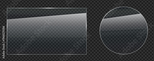 Transparent realistic shiny glossy glass panel sheet with shiny glossy light glare reflective surface texture effect overlay on isolated background round, rectangle gradient window mirror