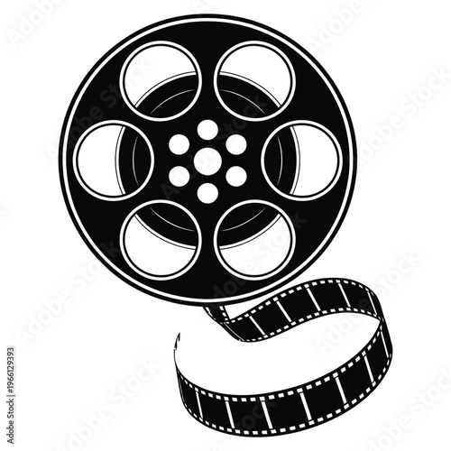 A striking black silhouette of a film reel with trailing film strip a cinematic symbol silhouette