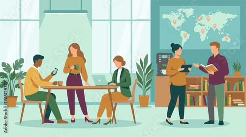 Collaborative team working in a modern office with technology and global map