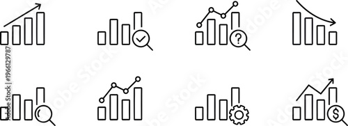 Growing bar graph icon set. Business graphs and charts icons. Statistics and analytics vector icon. Statistic and data, charts diagrams, money, down or up arrow. Vector illustration. Growing bar graph
