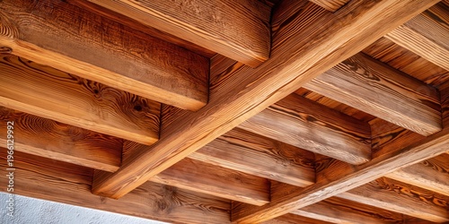 Rustic wooden ceiling beams with intricate grain patterns create a warm and natural architectural detail