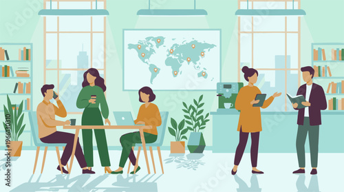 Diverse team collaborating in a modern office space with world map