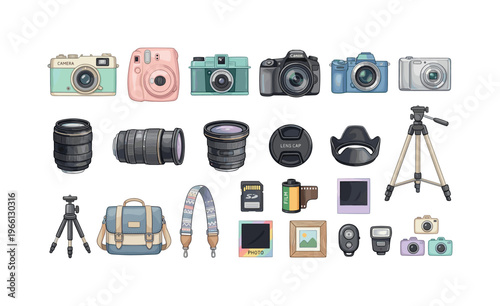 Collection of illustrated camera gear and accessories for photography enthusiasts