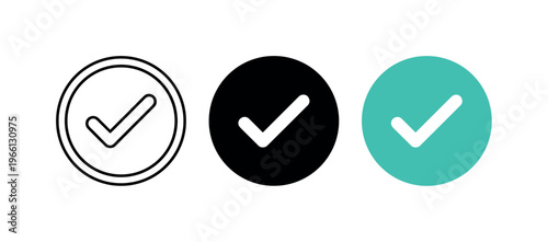 Set of three check mark icons in different styles and colors for approval
