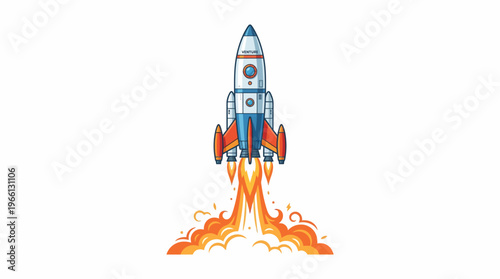 Rocket launching with flames and smoke isolated on white background.