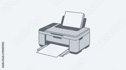Modern office printer vector illustration with paper sheets.