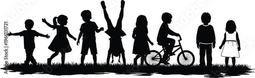 Children silhouette collection with kids playing, walking, cycling and handstand poses, happy childhood outdoor activity vector illustration isolated background