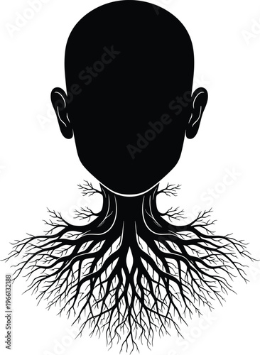 Human head silhouette with branching tree roots from neck symbolizing identity, subconscious mind, growth, psychology, and deep connection to nature