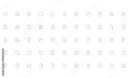 A grid of minimalist line art icons representing various file types and folders, in a clean, modern, and simple design style, suitable for UI or UX design, vector illustration, flat design, web pack