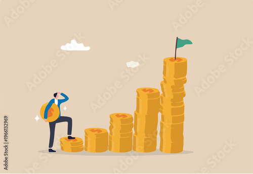 Start invest in stock market, begin savings to achieve financial goal, power of compound interest, collecting wealth, young adult office man carrying money coin start step on compound money