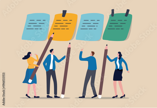 Business brainstorming, meeting to set target and get solution to solve problem or scrum agile method concept, businessman and woman coworkers, colleagues holding pencil with sticky notes