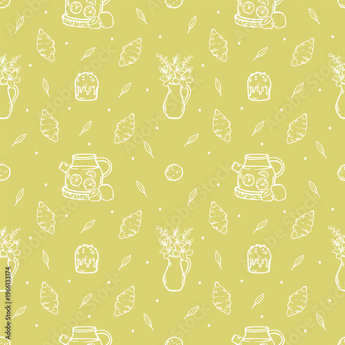 Hand Drawn Summer Picnic Seamless Vector Pattern with White Line Art on Yellow Background – Teapot, Croissant, Flowers and Cookies