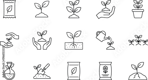 Pixel perfect gardening and plant growth icons set featuring seedlings soil care watering tools editable stroke vector collection for agriculture ecology and organic farming design