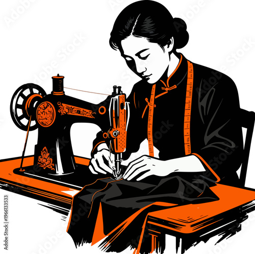 Chinese Tailor Sewing Machine Black Orange Silhouette Vector