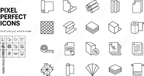 Pixel perfect material and packaging icons set featuring paper rolls fabric sheets boxes editable stroke vector collection for manufacturing industry and product design