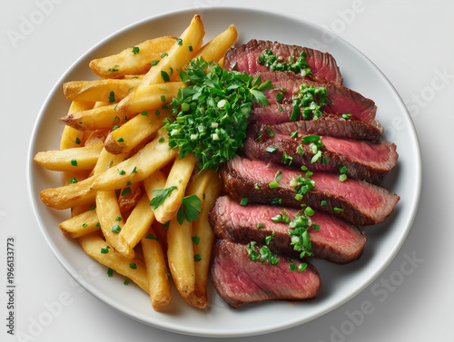 Slicing gourmet steak frites with chimichurri sauce