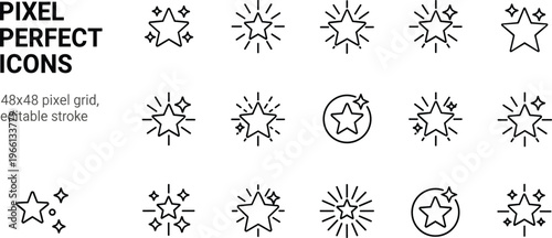 Pixel perfect star icons collection with sparkle effects editable stroke vector set for UI UX design rating favorites and highlight symbols
