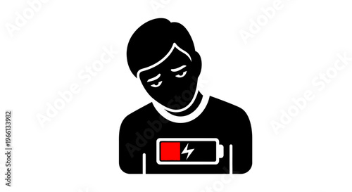 Monochrome illustration of a sad and tired man with a low battery symbol in his chest, representing exhaustion and burnout, on an isolated white background.