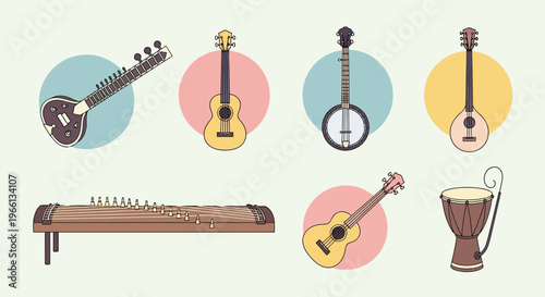 Diverse String and Percussion Musical Instruments Collection with Guitar, Banjo, Koto, and Djembe on Light Green Background.