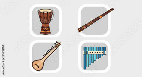 Colorful Traditional Musical Instruments Icons Set with Djembe, Flute, Sitar, and Pan Flute on Grey Background.