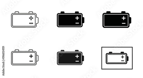 Set of car battery icons depicting positive and negative terminals in solid and outline styles in a bright studio.
