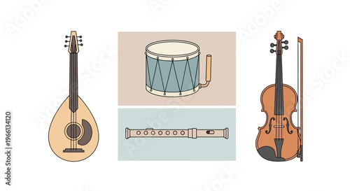 Traditional Musical Instruments Collection with Mandolin, Hand Drum, Flute, and Violin on Bright Studio Background.