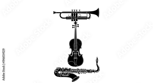 Minimalist Musical Instruments Line Art with Stacked Trumpet, Violin, and Saxophone on Isolated White Background.