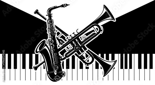 Bold Black and White Musical Instruments Composition with Saxophone, Trumpet, and Piano Keyboard, Geometric Background.