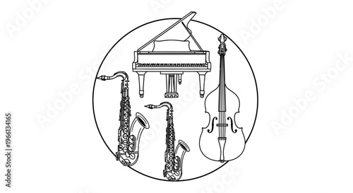Jazz Musical Instruments Line Art Drawing in Circle Frame on White Background, Black and White Illustration.
