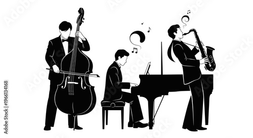 Elegant jazz trio of male musicians performing with double bass, piano, and saxophone, black and white illustration, isolated white background.