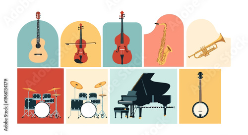 Set of diverse musical instrument icons including piano, guitar, saxophone, drums, violin, trumpet, and banjo in colorful abstract shapes, isolated white background.
