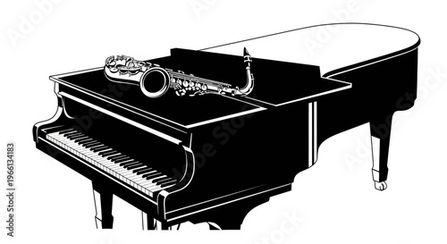 Elegant black grand piano with a saxophone resting on its lid, isolated white background.