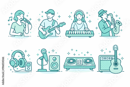 Flat Vector Music and Musicians Icons Set – Modern Minimalist Line Art with Singer, Guitarist, Keyboard Player, Saxophonist, Headphones, Microphone, DJ Controller, Speakers, Guitar Amplifier