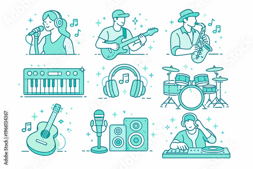 Flat Vector Music Icons Set – Modern Minimalist Line Art with Singer, Guitarist, Saxophonist, Keyboard, Headphones, Drum Kit, Acoustic Guitar, Microphone and DJ in Teal Color