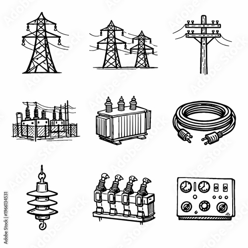 Black and White Electricity Icons – Power Lines, Transformers, Insulators and Electrical Equipment