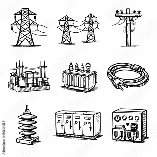 Black and White Electricity Icons – Power Lines, Transformers, Insulators and Electrical Equipment