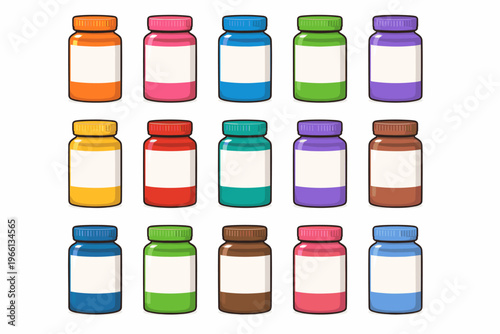 Flat Vector Supplement Bottle Icons – Colorful Medicine and Vitamin Jars Set