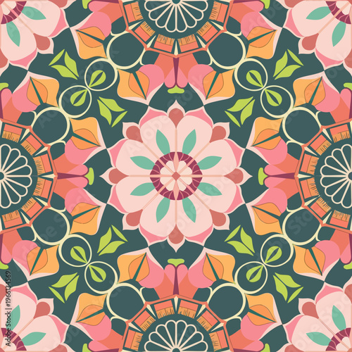 vector illustration hires Collection of High-Resolution Abstract Seamless ornament Patterns with Diverse Designs and Textures Mediterranean Tile Pattern with Colorful Floral Mandalas and Geometric