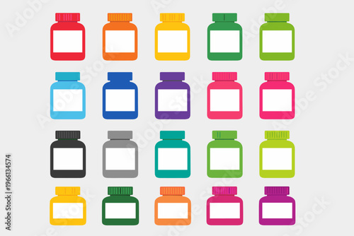 Colorful Medicine Bottles Icons Set – 20 Flat Vector Supplement and Pill Jar Illustrations in Various Colors