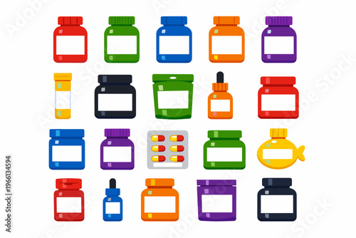 Flat Vector Medicine and Supplement Icons – Colorful Pill Bottles, Jars, Blister Pack and Fish Oil