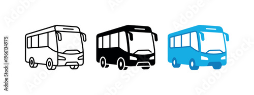 Set of three bus icons in outline, solid black, and blue styles