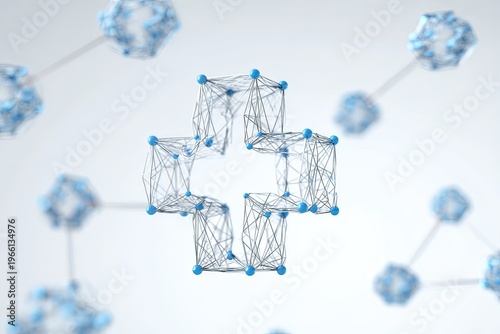 A modern rendering of a medical cross emblem, intricately constructed from interconnected, luminous molecular structures against a blurred backdrop, representing innovation and medical advancement.