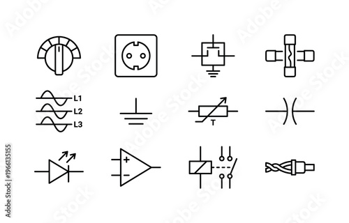Electrical symbols and icons for circuits and schematics in vector style