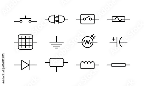 Collection of electrical schematic symbols for electronic components and circuits